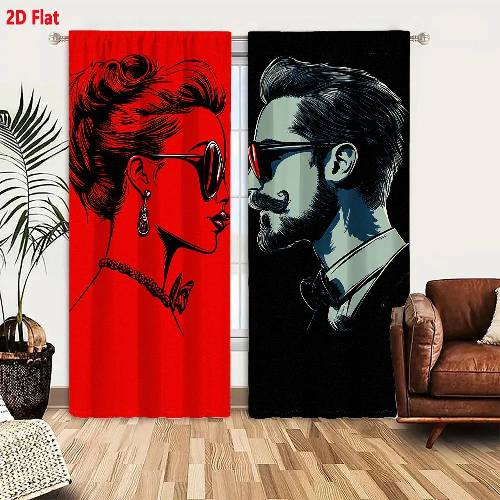 2Pcs Curtains Add 2D Flat Stylized Graphic Illustration Of Woman And Man Facing Each Other With Vibrant Red And Stark Black Back