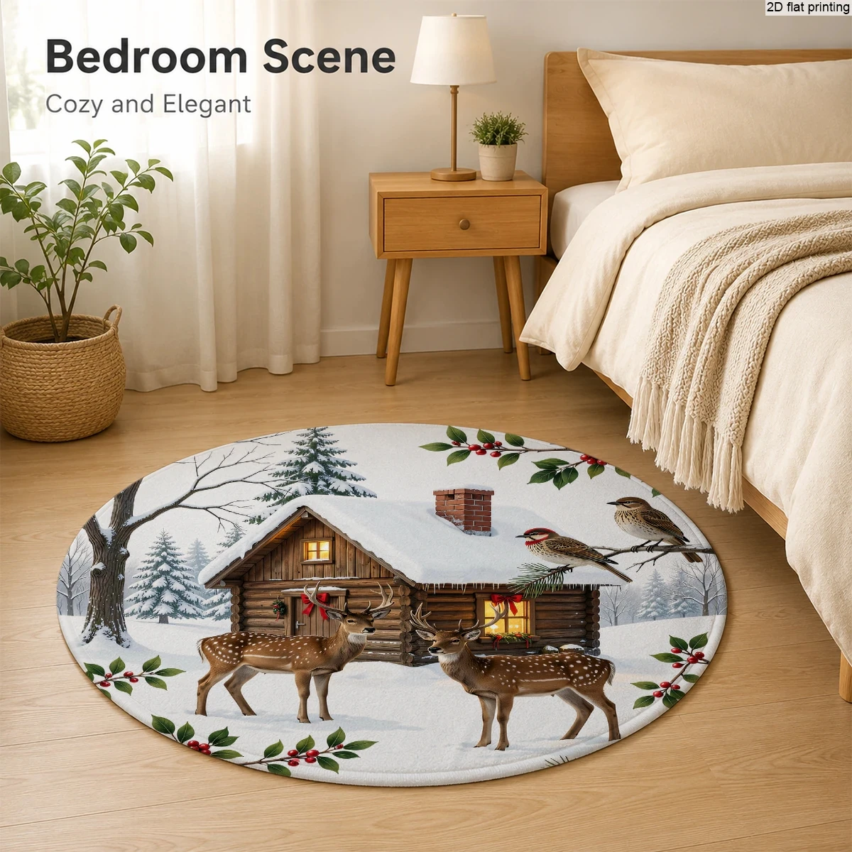 Dy8 (64) Round Small Rug with Christmas Deer, Wooden House, and Snow Scene Prints, 2D Flat Printing Technology, Soft and Skin-Friendly, Easy to Clean, Machine Washable, Non-Slip, Wear-Resistant Backing, Suitable for Bedroom, Living Room, Bathroom, Indoor Floor Decoration, Available in Multiple Sizes, Comfortable to Step on - view 2