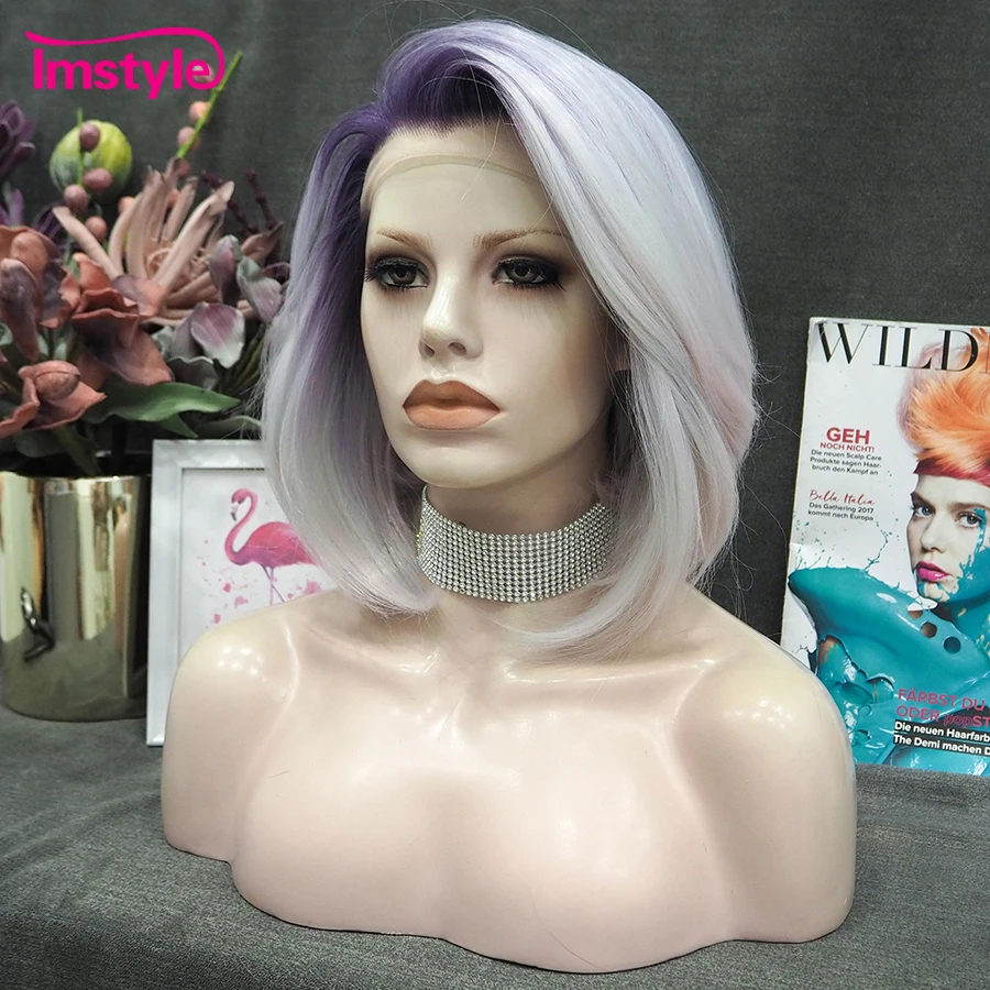 Imstyle Short Bob Wig Synthetic Lace Front Wig Ombre Purple White Wig Heat Resistant Fiber Wigs For Women Party Cosplay Wig