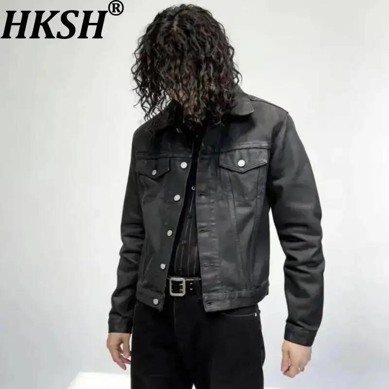 HKSH Spring Autumn New Men Tide Dark Punk Waxed Denim Jacket Chic Ins Fashion High Street Darkwear Tops Personsoul Coat HK22318