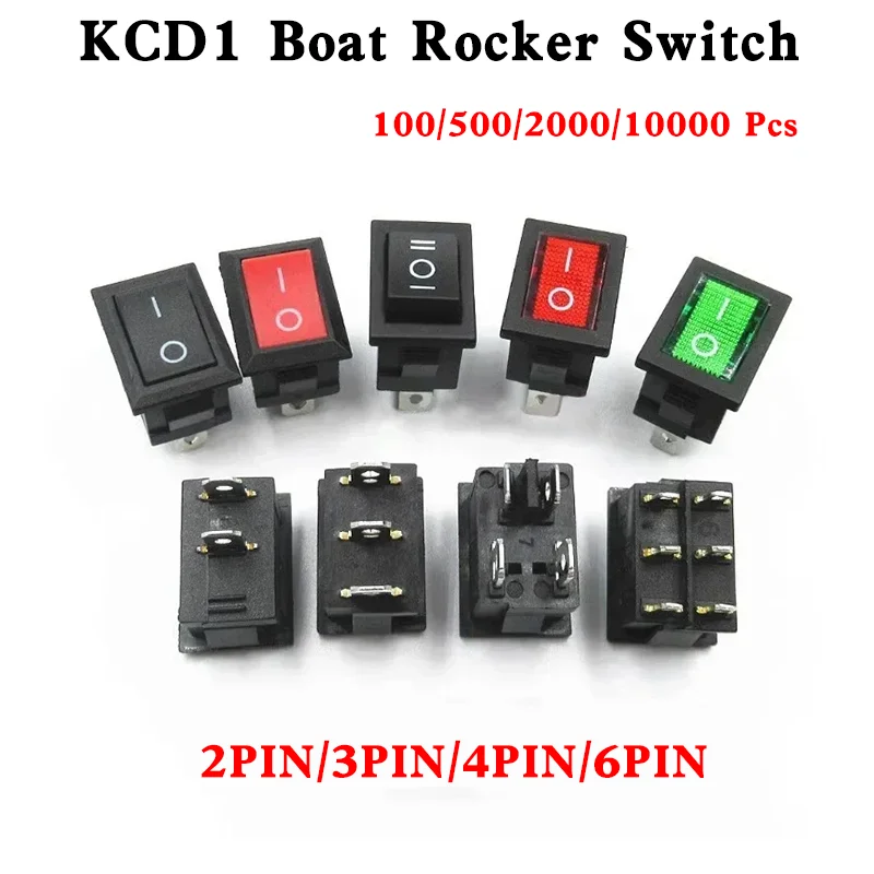 

10/100/200/500/10000 Pcs Black Boat Rocker Switch KCD1 On/Off 2/3/4-Pin 2-Position Snap 10A/125V, 6A/250V Red/Green LED Light