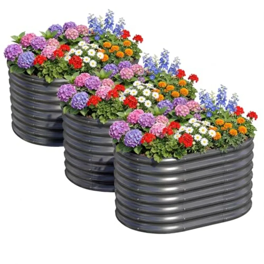 Outdoor galvanized metal raised garden beds, 3PCS 3x2x2ft oval planter boxes for vegetables, fruits, herbsgray, rust-resistant,