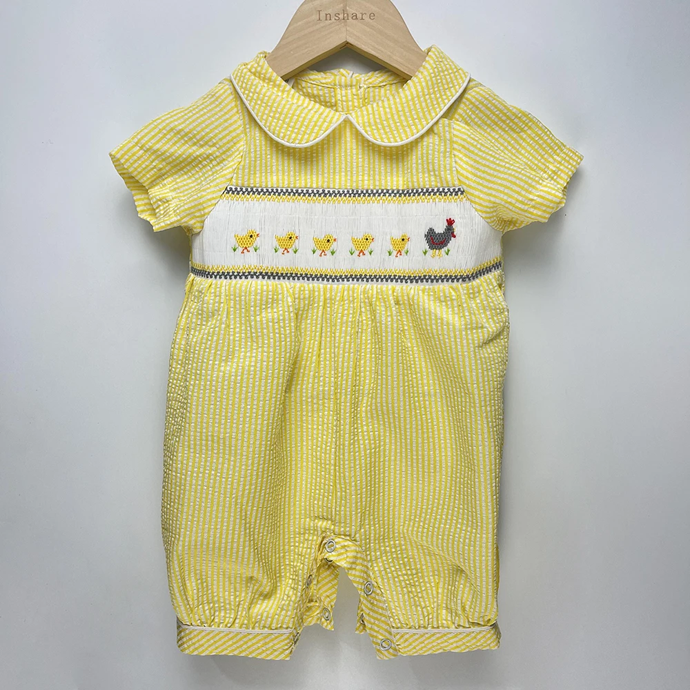 Children's Boutique Clothing Summer Short-Sleeved Boys and Girls Baby Bubble Cotton Jumpsuit Hand-Smocked Chick Embroidery Cute