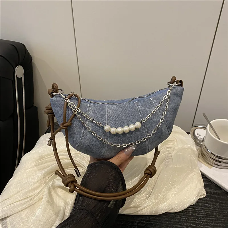 

2025 Niche Denim Horn Bag - Women's Stylish Underarm, Pearl Chain Handheld, Shoulder Crossbody