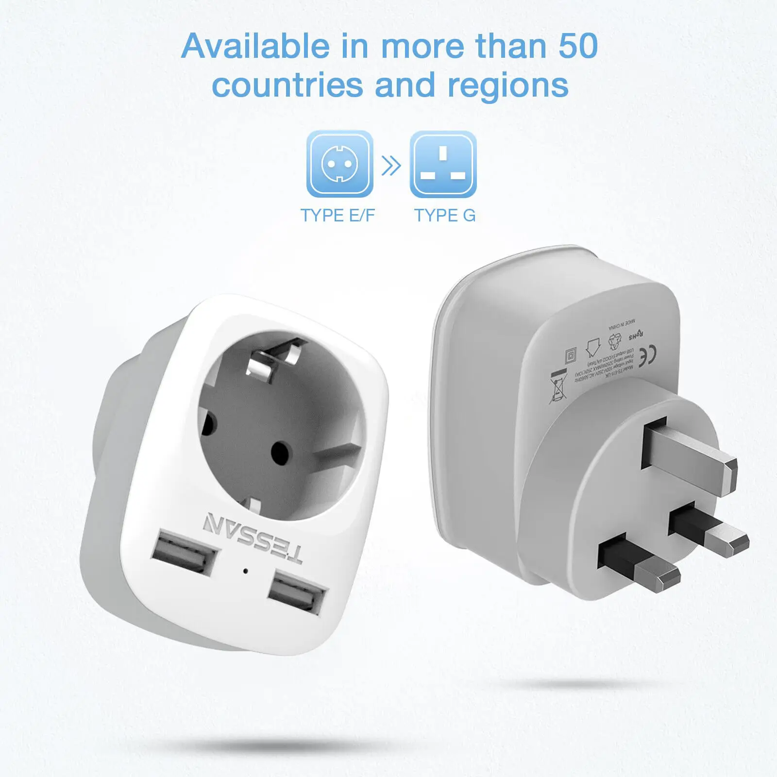 TESSAN EU Euro European to UK Travel Adapter Multiple Wall Plug with 1 Outlet and 2 USB Ports Type G Plug England Adapter Socket