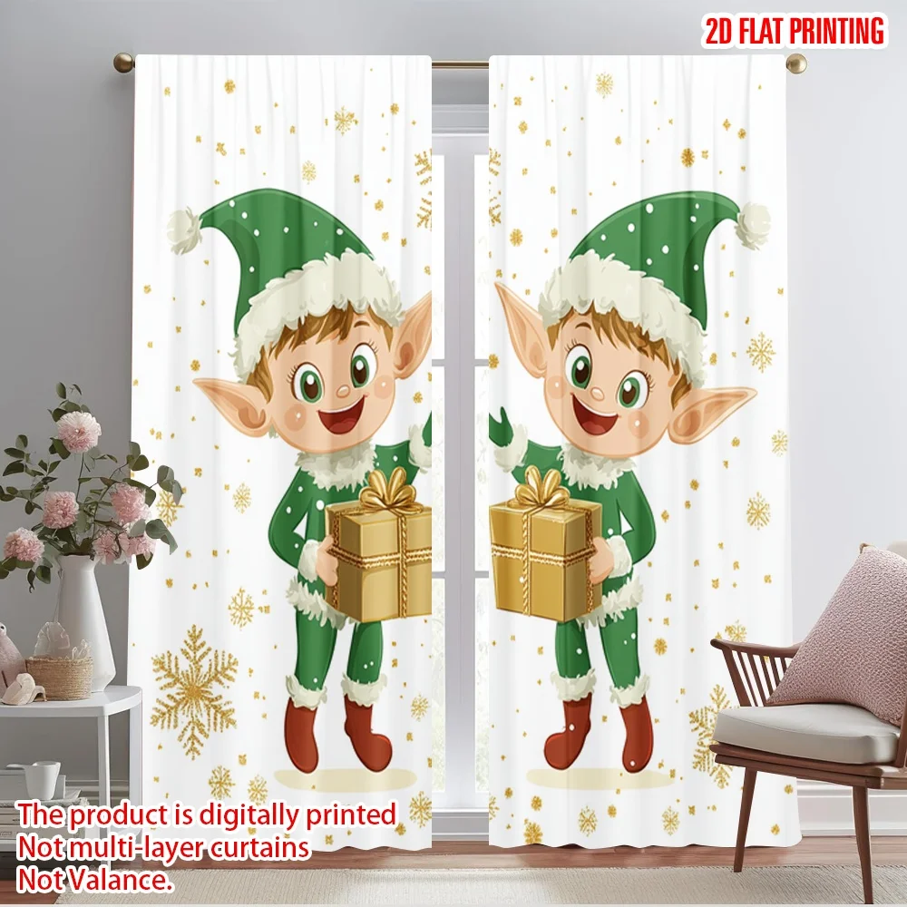 2pcs,2D plane printing Window Curtain Cute Elf Christmas Gifts (3) Polyester Fabric (without rod) All Seasons Perfect for Living
