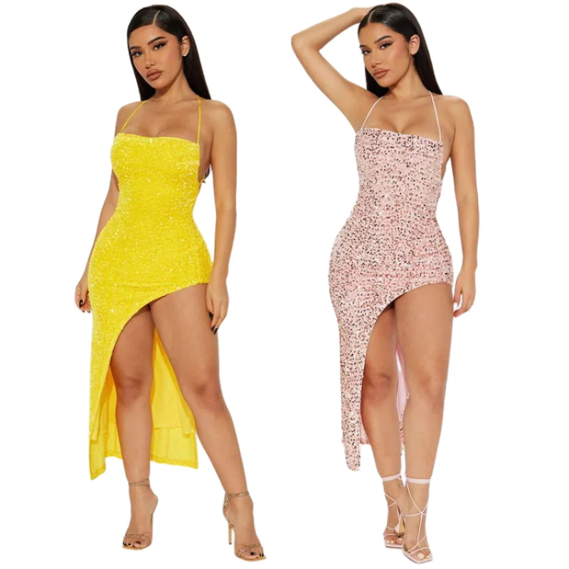 

Women's Fashion Sexy Sequin Bra Long Dress Summer Yellow Hanging Strap and Neck Backless Irregular Party Dresses