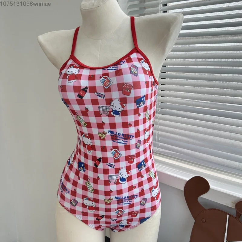 Traje de baño de estilo a cuadros de Hello Kitty para mujer, Bikini Sexy de una pieza con cuello Halter y triángulo, conjunto de ropa de verano para