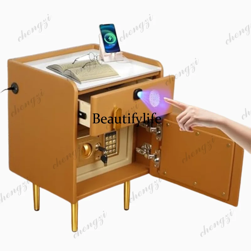 A68Smart Nightstand with Hidden Safe and Fingerprint Locking Drawer Leather Marble Tabletop for Bedroom Modern USB Charging Oran