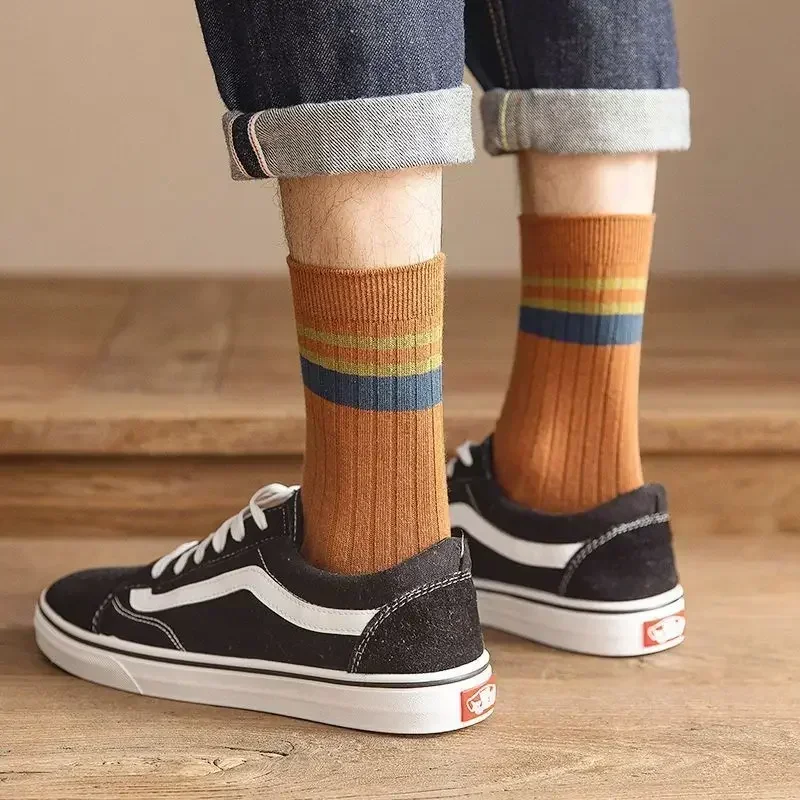 2024 New Men\'s Striped Cotton Socks Spring Fashion Casual Socks High Quality Harajuku Retro Socks Man Men  Harajuku Long