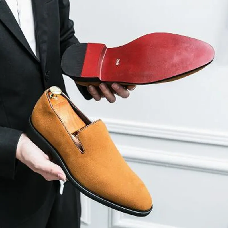 

2026 Autumn Italian Luxury Designer Brand Suede Leather Shoes Business Office Dress Shoes for Man Red Bottom Wedding Social Shoe
