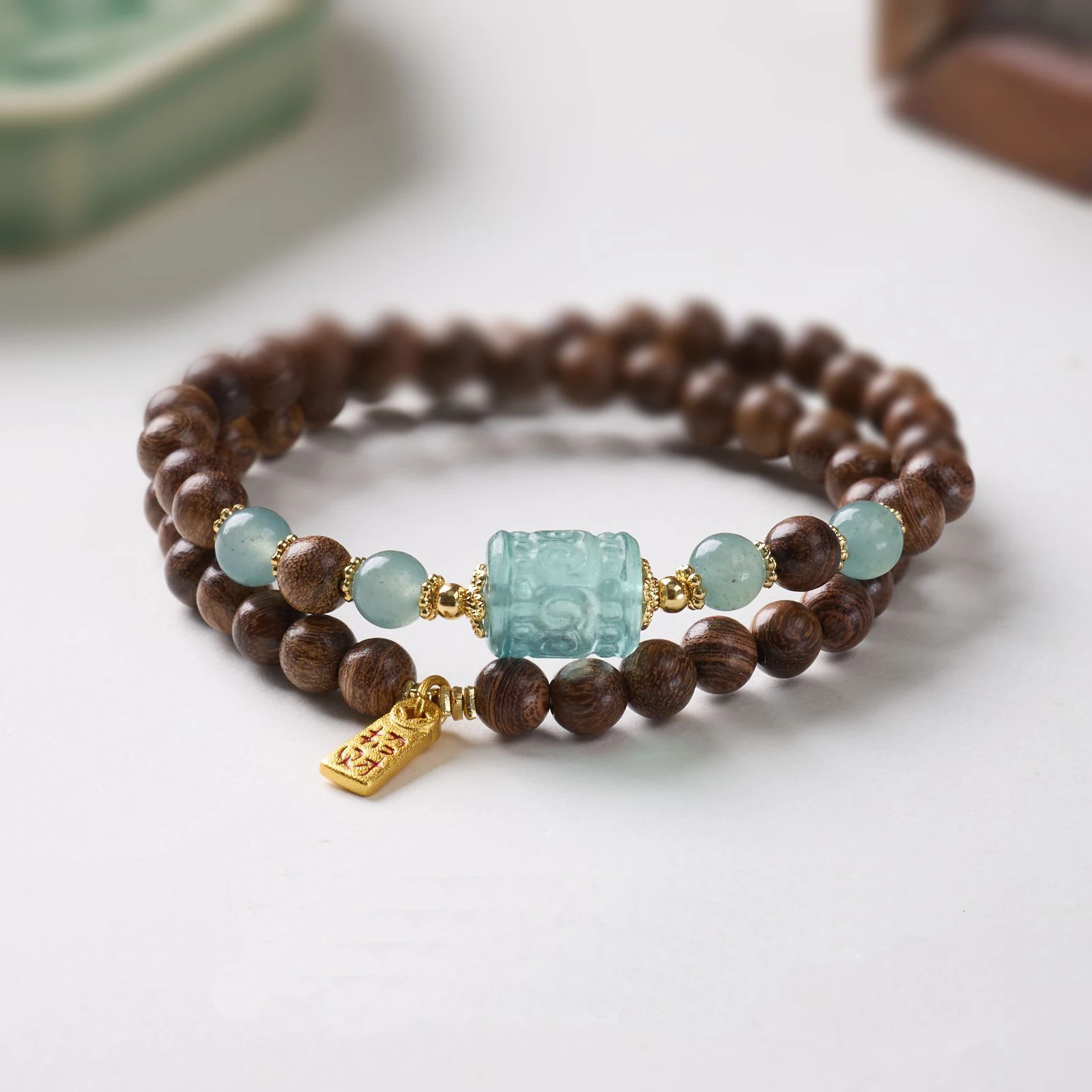 

Natural Sandalwood Double Wrap Beaded Bracelet with Blue Chalcedony Chinese Style Lucky Bead Hand Bangle Jewelry for Women Gifts