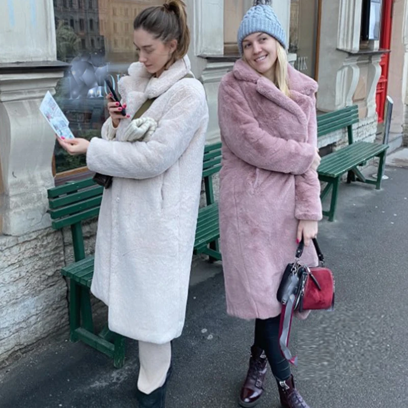 Nuove donne invernali cappotto di pelliccia di coniglio finto cappotto allentato con risvolto spesso caldo Plus Size cappotti di peluche femminili cappotto di pelliccia lungo di lusso