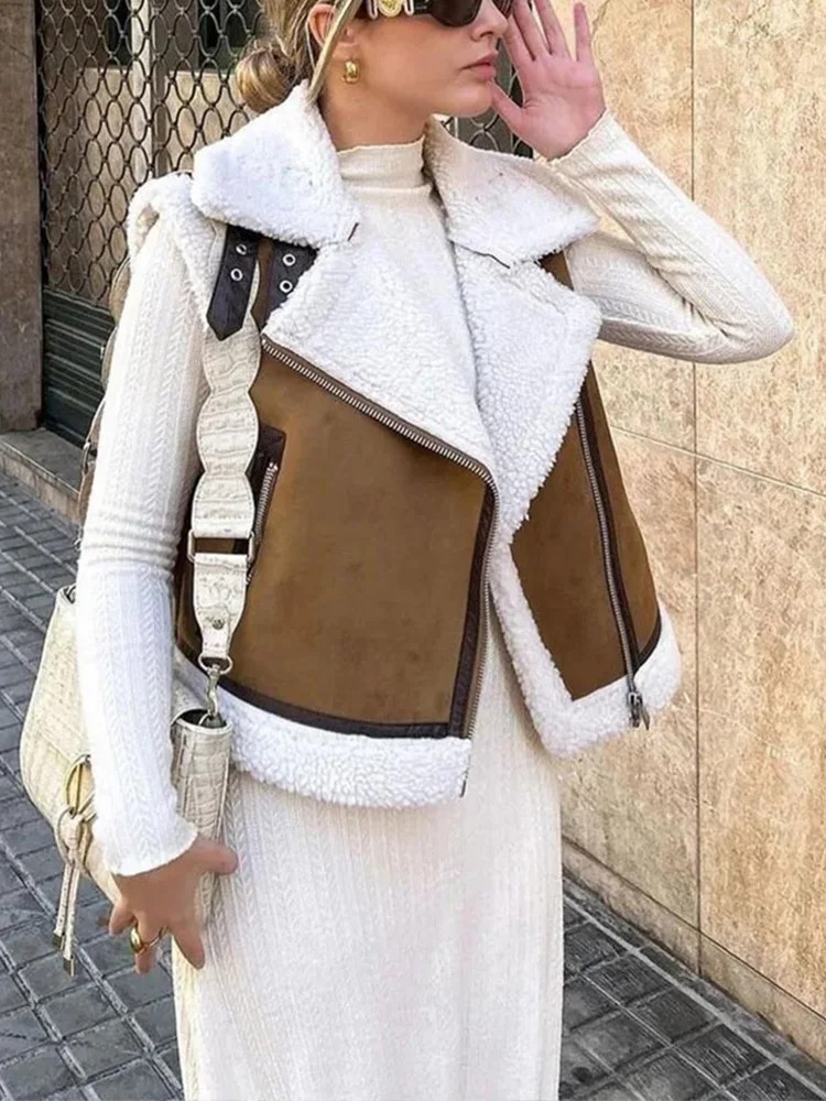 

HH женский жилет без рукавов с флисовой подкладкой из искусственной кожи 2024, утепленный кардиган с лацканами, жилет, женская свободная уличная одежда