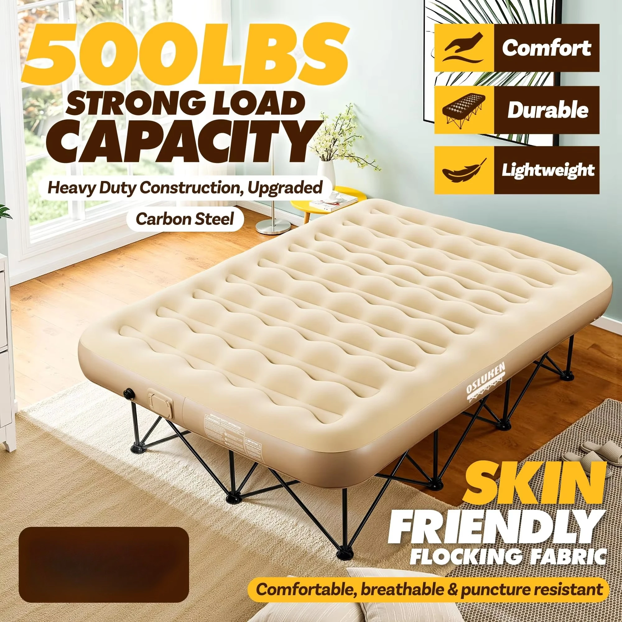 Upgraded Inflatable Air Mattress Frame Built-in Pump 500 Pounds Capacity PVC Material Strong Support Folding Design Car Sleeping