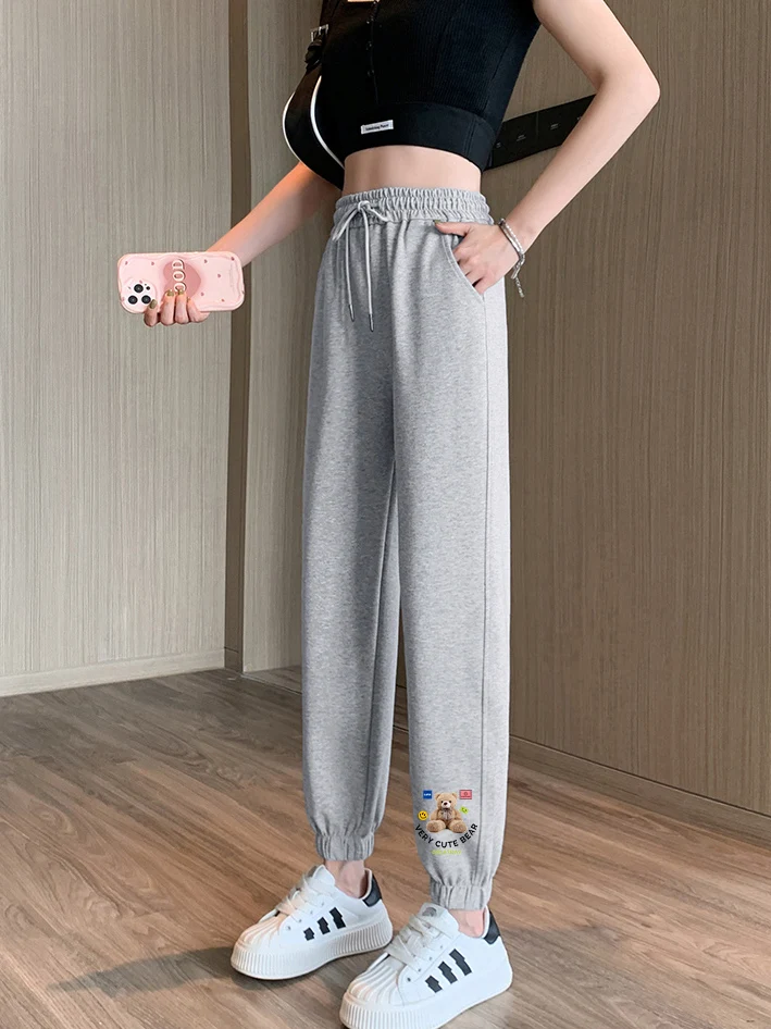 Plus Size 300-Pou-Sporthose mit Fce-Futter, Damen-Freizeithose mit hoher Taille und Bären-Aufdruck, bequeme Polyesterfaser