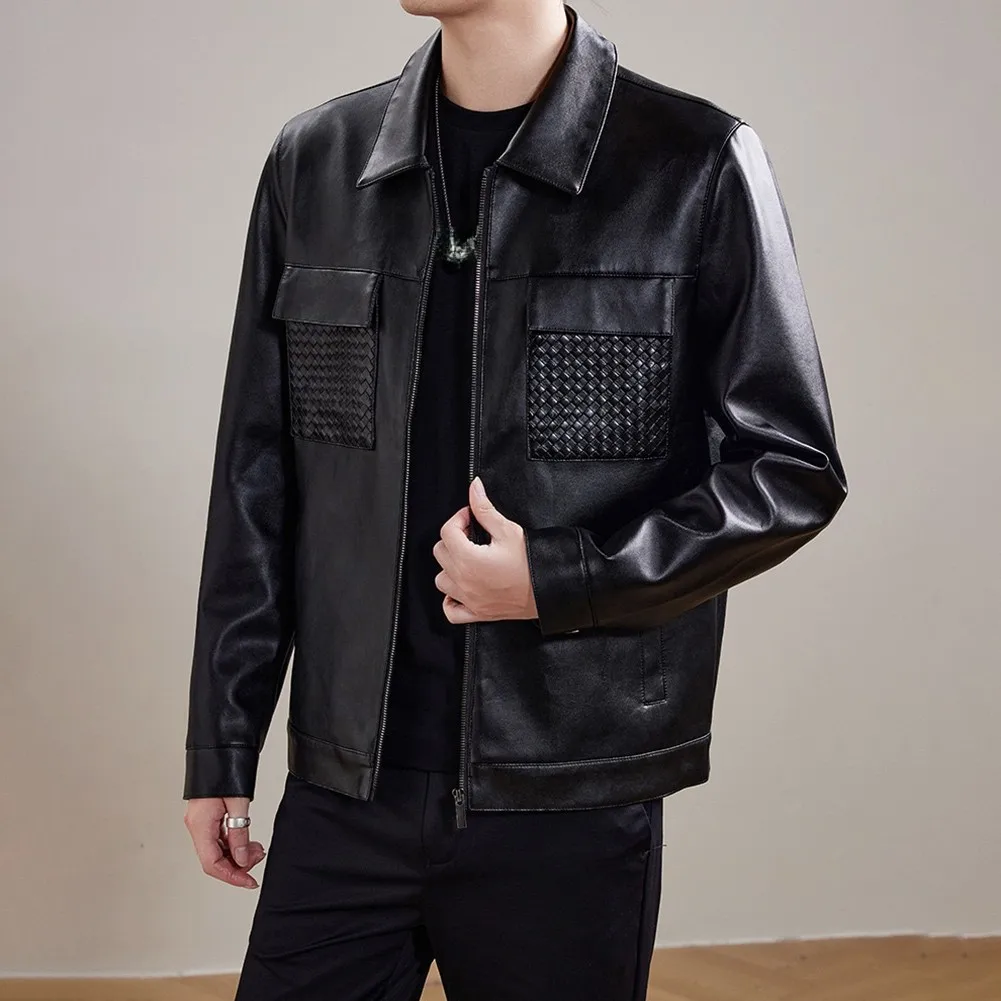 Retro Style Men Jacket in Cut Featuring Lapel Collar Imitation Leather Material for Casual and Business Outfits