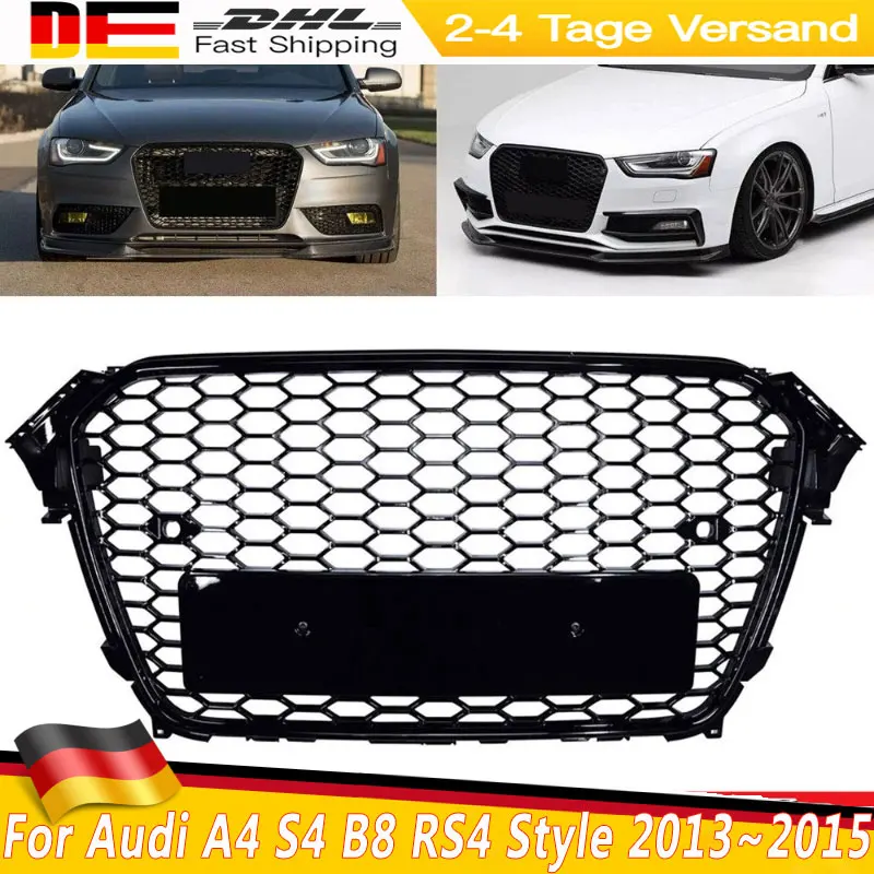 Griglia per paraurti anteriore a nido d'ape stile RS4 per Audi A4 S4 B8 2013 ~ 2015 Griglia per cofano paraurti anteriore Griglia superiore cromata