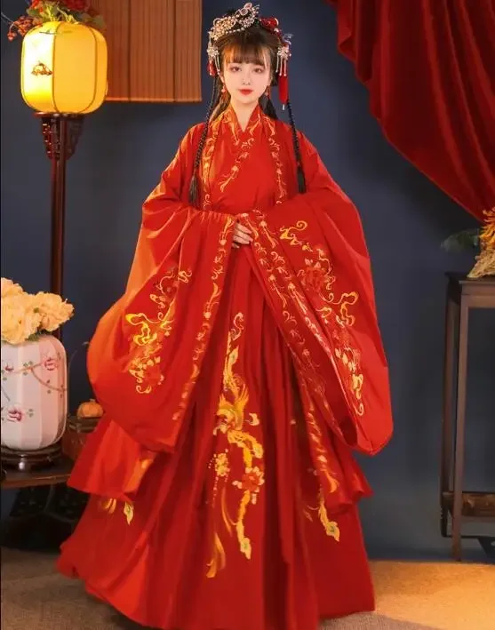 Chinese Hanfu Wedding Dress Spring Women Vintage Dragon and Phoenix Embroidery Red Tradition