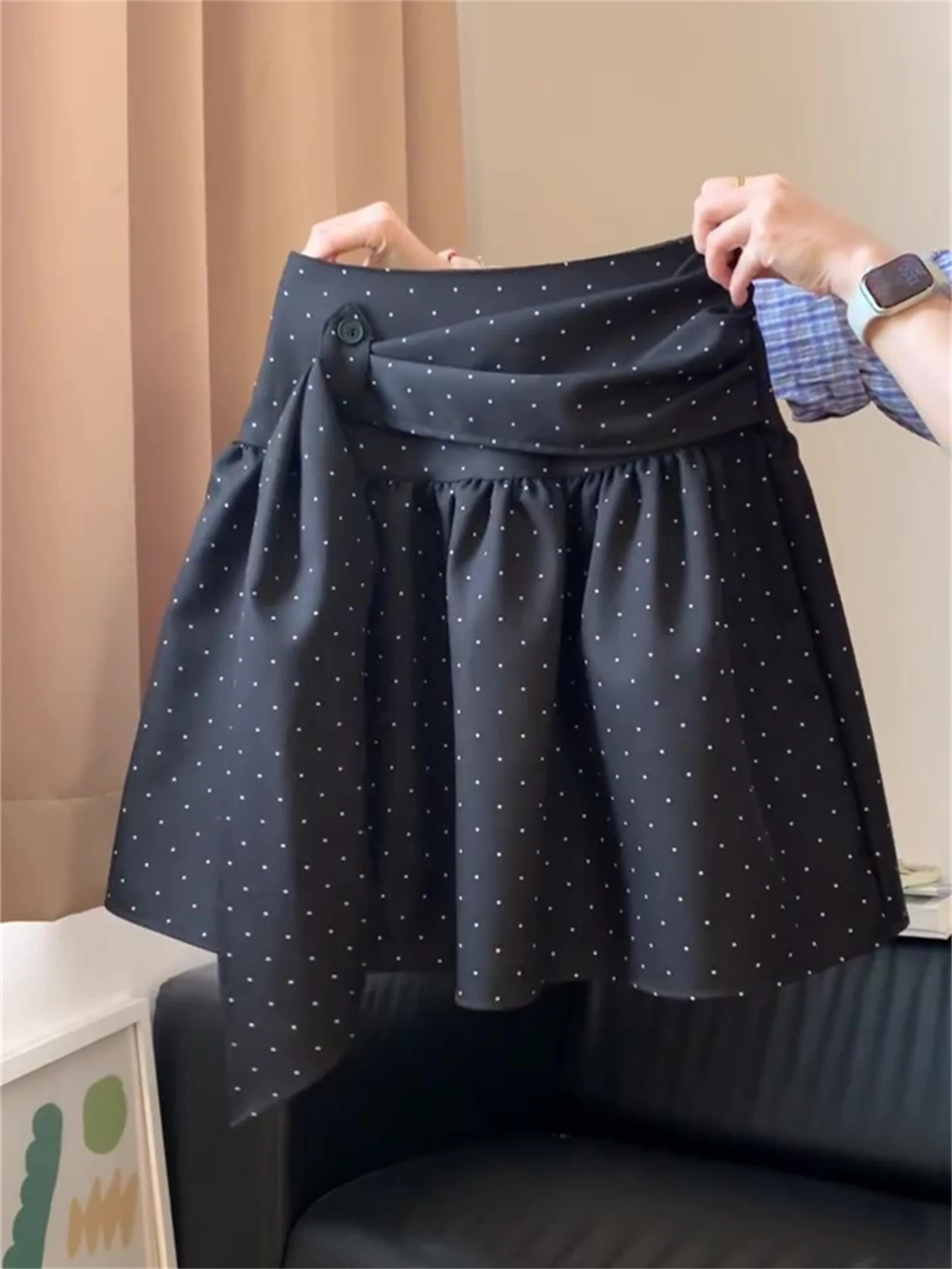 

High Waist A-Line Midi Skirt Women's plus Size Summer New Polka Dot Design Belted Pleated Slimming Korean Style Skirt