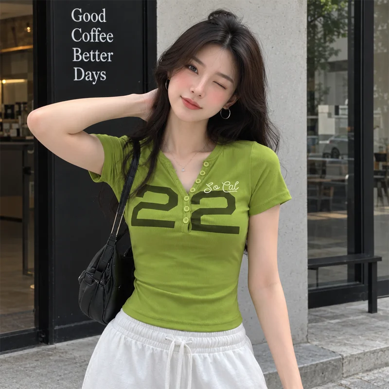 Women Green 22 Graphic Crop Top Henley Neck Short Sleeve T Shirt Button Front Slim Fit Y2K Casual Vintage Fashion Shirt