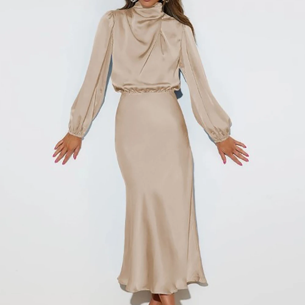

Women's Elegant Satin Midi Evening Dress Solid High Neck Long Puff Sleeve Elastic Waist Bodycon Party Evening Party Gown Dresses