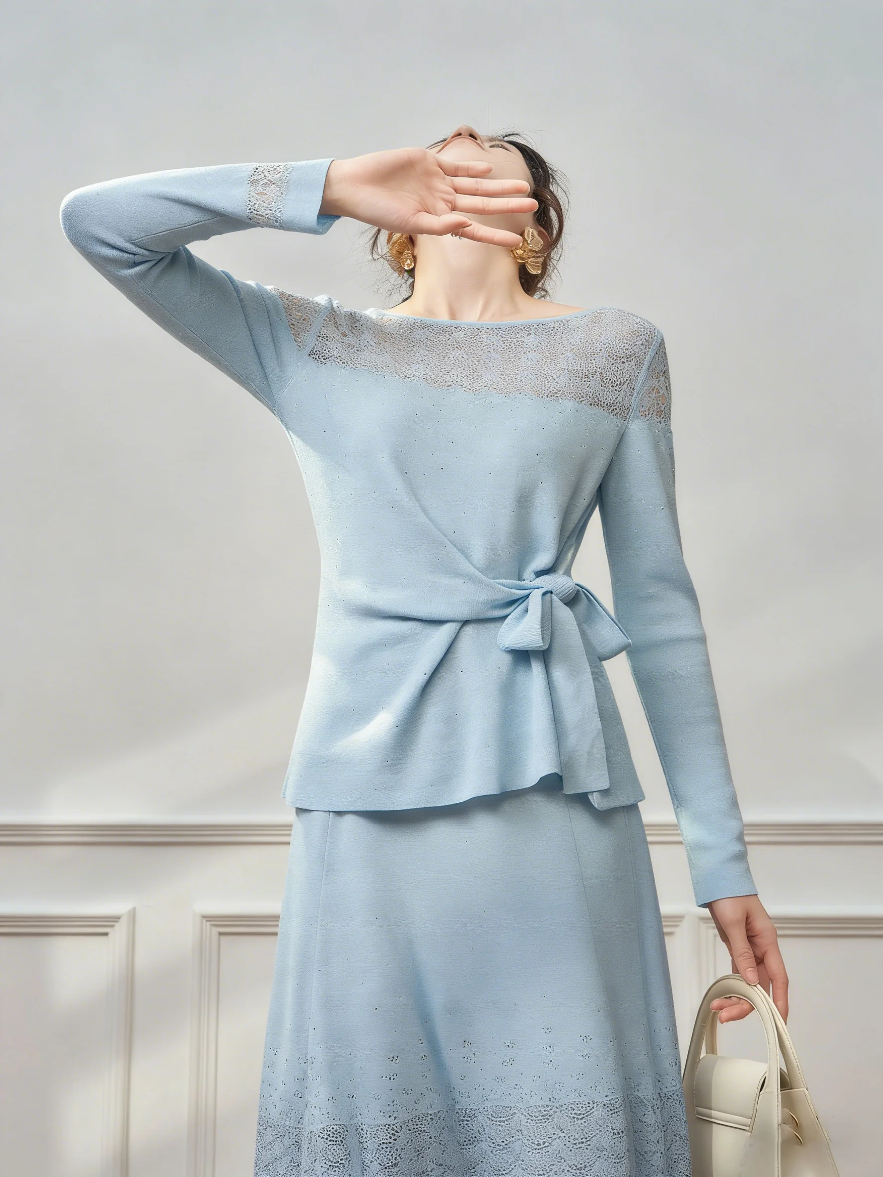 

Blue Knitted Hollow out Waist-Cinching Skirt Set Women's Spring Fashion Unique Beautiful Casual High Waist Bicolor Long Sleeve