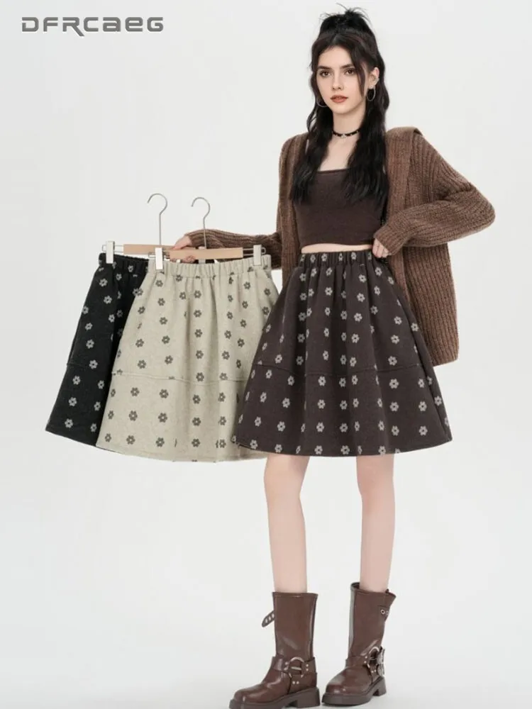 

Elastic Waist Flowers Print Vintage Knee Length Wool A-Line Skirt Woman Autumn Winter Casual Korean Thicken Midi Skirt For Women
