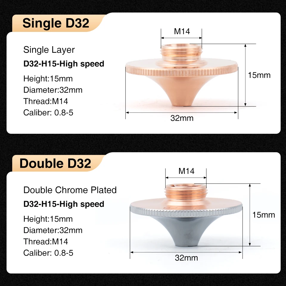 High Speed HANS Raytools Laser Nozzles D32 M14 H15 1.5 1.8 2.0 2.5 Single Double Chrome-plated Fiber Cutting Machine Parts
