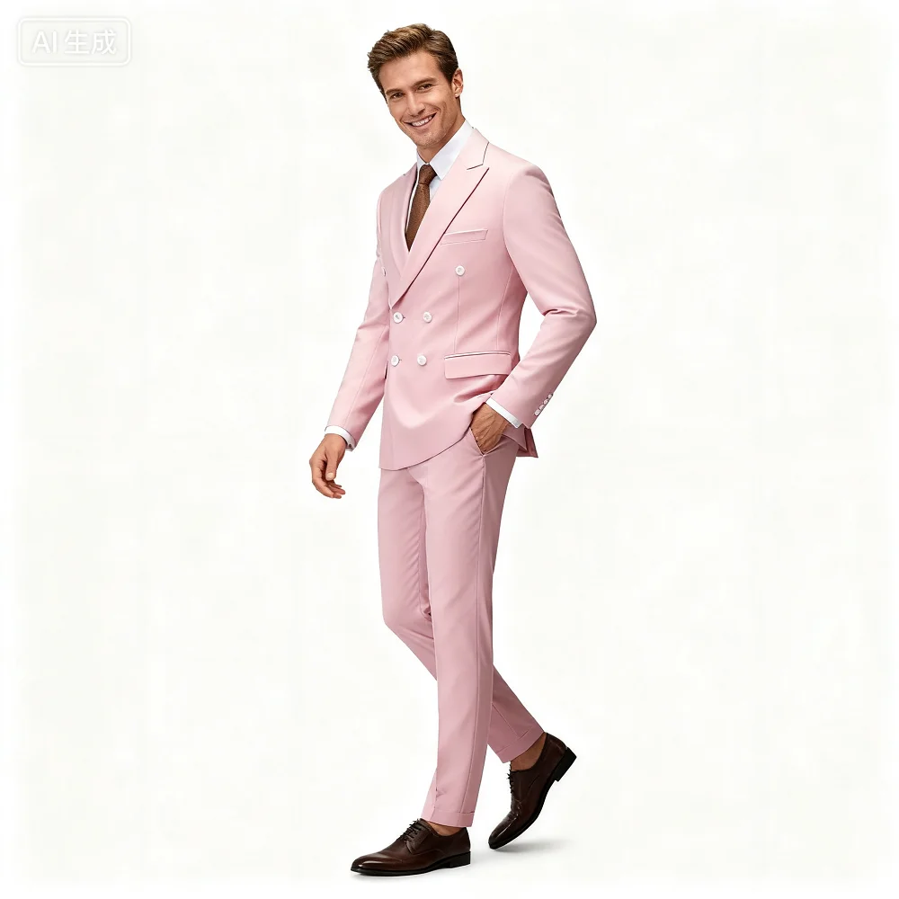 

Solid Man Double-breasted 2 Piece Outfit Set Peak Lapel Wedding Business Casual Stage Costume Graduation Suit