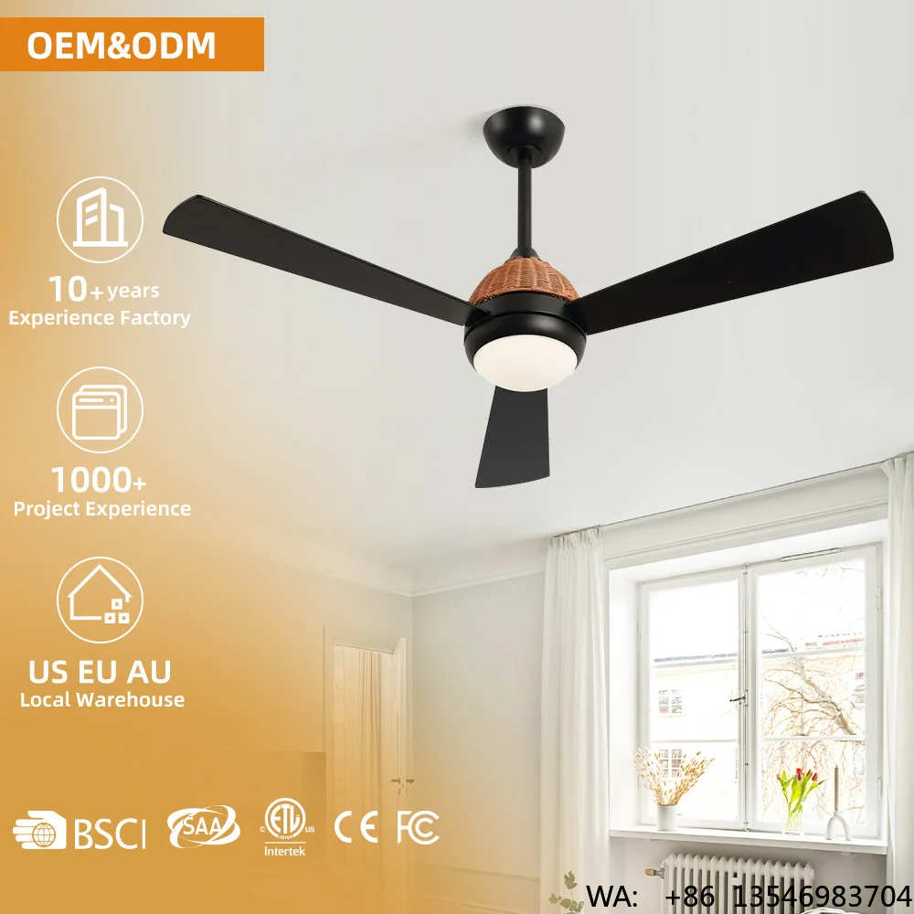 KBS 52 Inch Rattan Modern Fan Light Indoor DC Motor Tuya Smart Remote Control DC Motor Ceiling Fan With Light