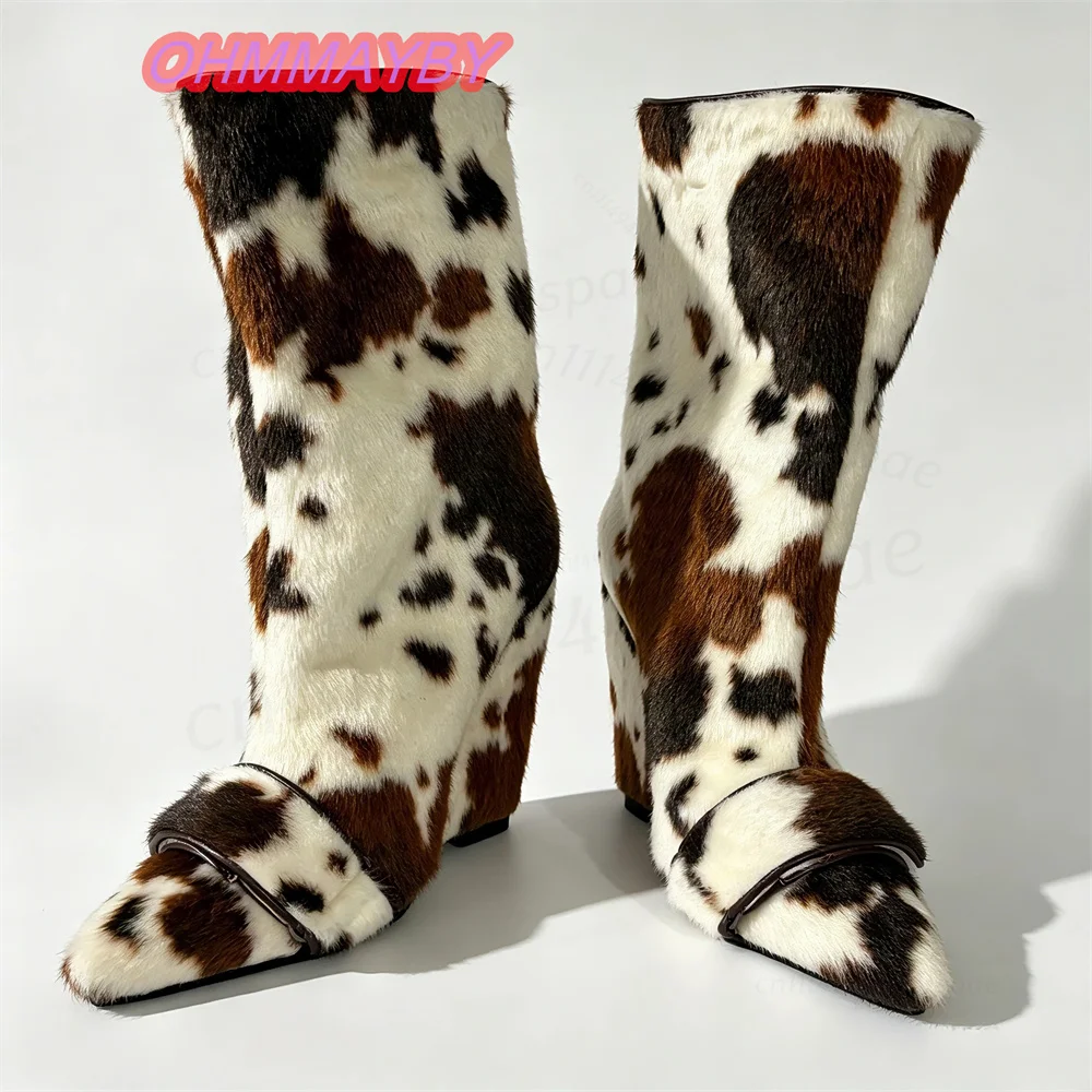 Women Cow Print Mid Calf Boots Pointed Toe Block Heels Furry Finish Wide Vamp Strap Multicolor Animal Pattern Fall Winter Shoes
