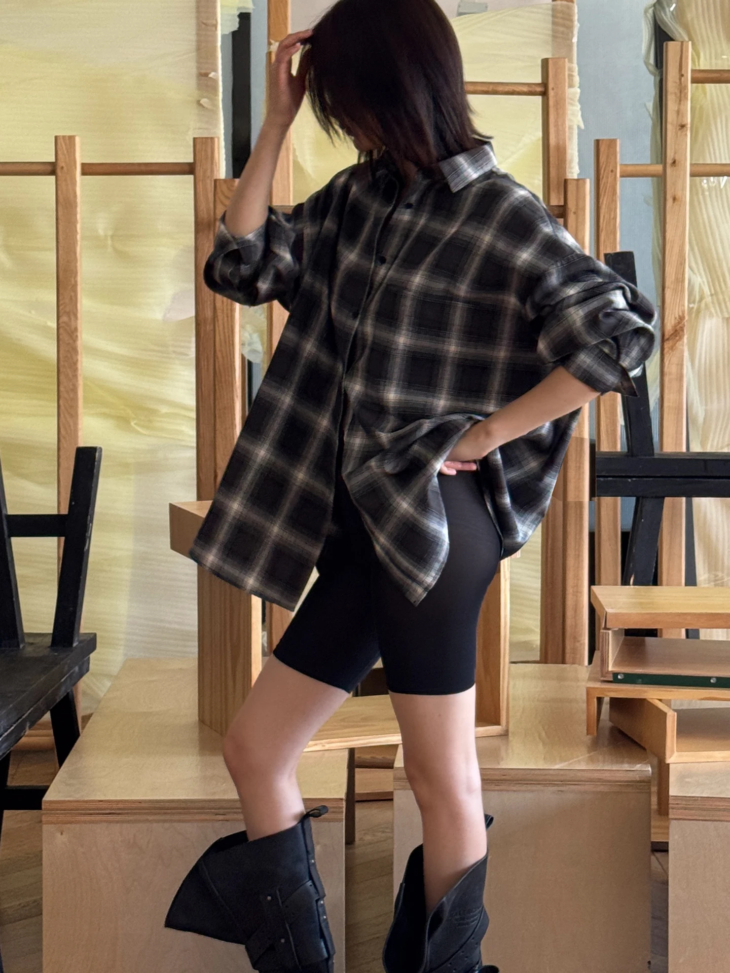 

Casual Large id Color Blo irt Loose Fit Cotton Long Sve ex Ro Sle irt Boyfriend Sle Cheered Pattern