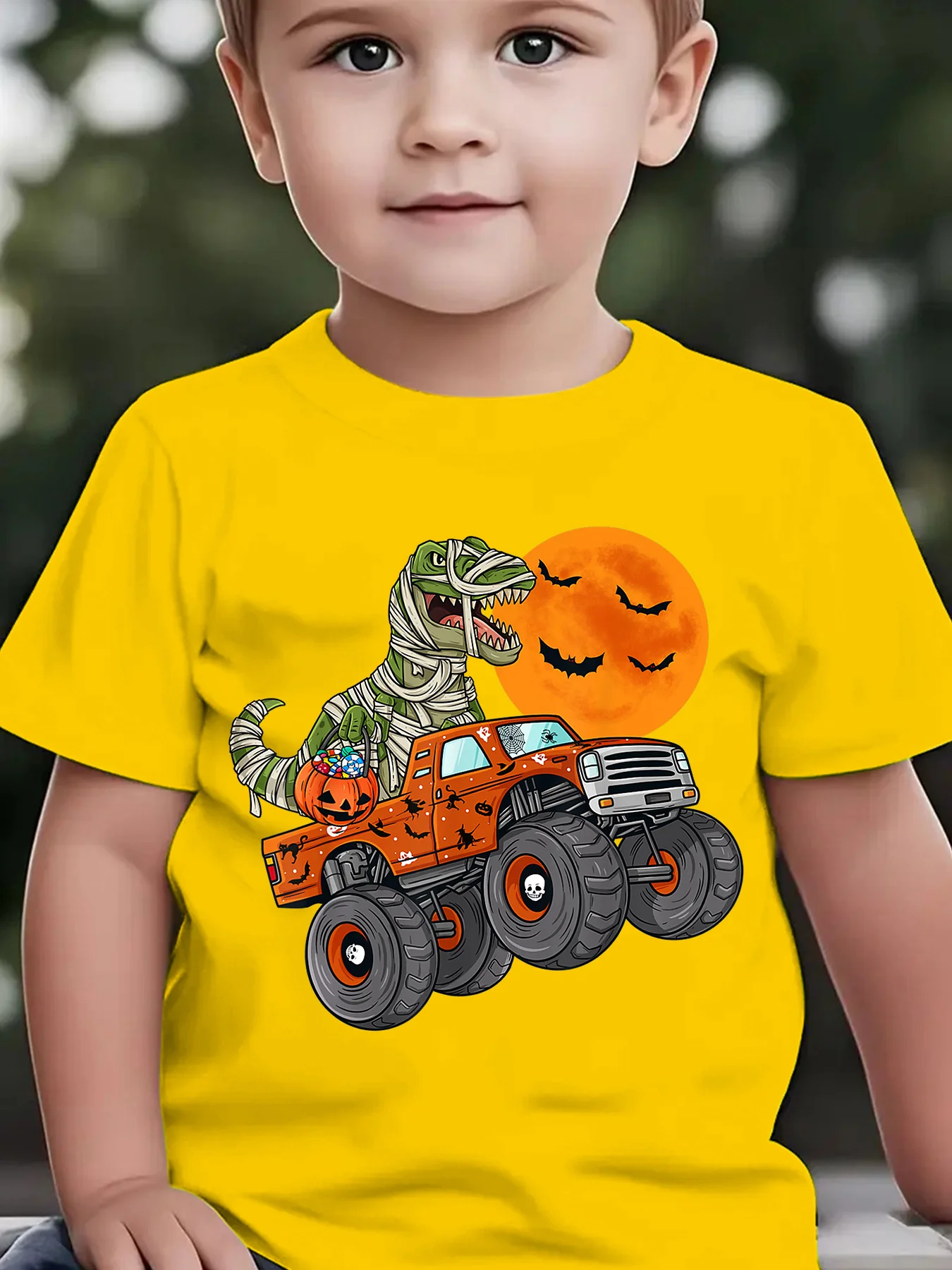 Summer Fashion Children's T-shirt Truck Dinosaur and Pumpkin Halloween Elements Printed Outdoor Casual Parent-child Top