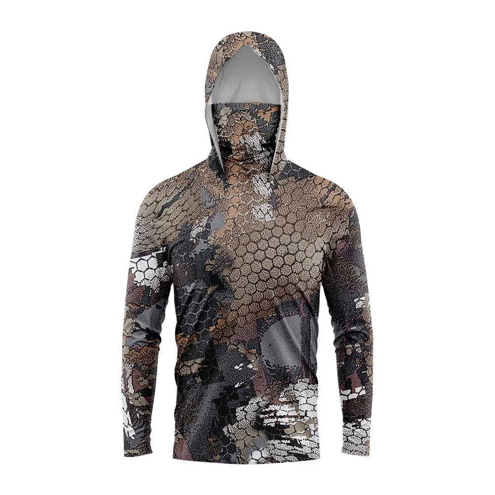 Vintage Brown Hexagon Camouflage Men's Fishing Hooded Shirt with Built-in Face Cover UPF50+ Sun Protection Quick-Dry Long Sleeve