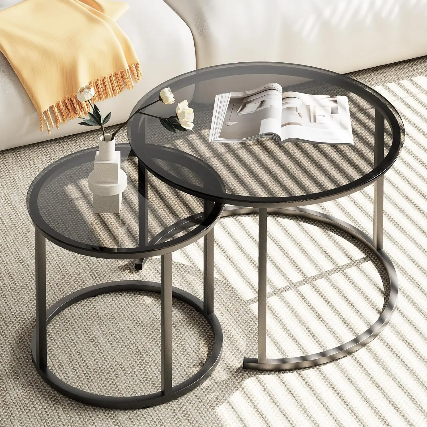 

Modern Industrial Nesting Coffee Table Set of 2, Grey Glass Round Accent Tables for Living Room Bedroom