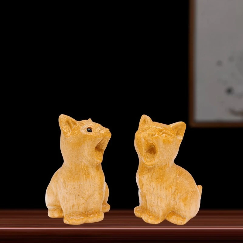 Sandalwood Screaming Cat Carving Ornament Adorable Kitten Figurine Indoor Home Office Decoration Gift Wooden Animal Miniatures