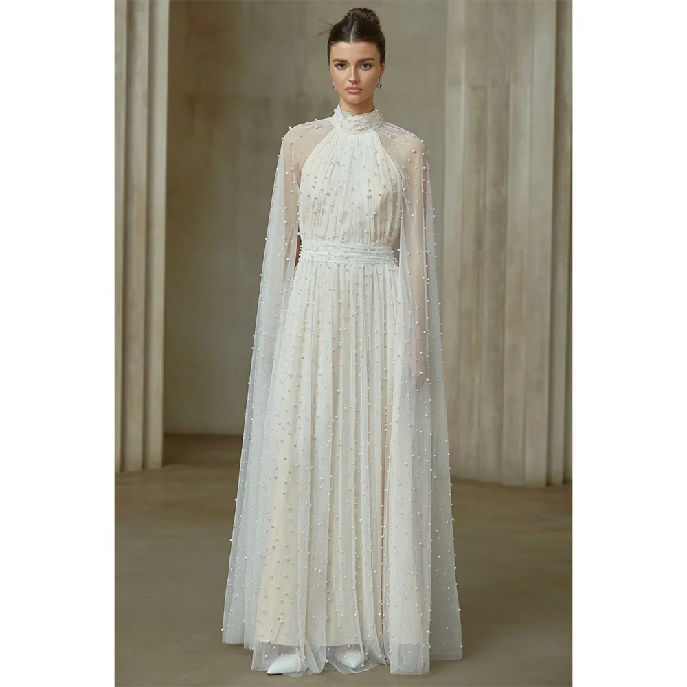 

Simple Evening Dresses Long Sleeves High Collar Evening Gowns Elegant Formal Occasion Floor Length Prom Dresses Customized