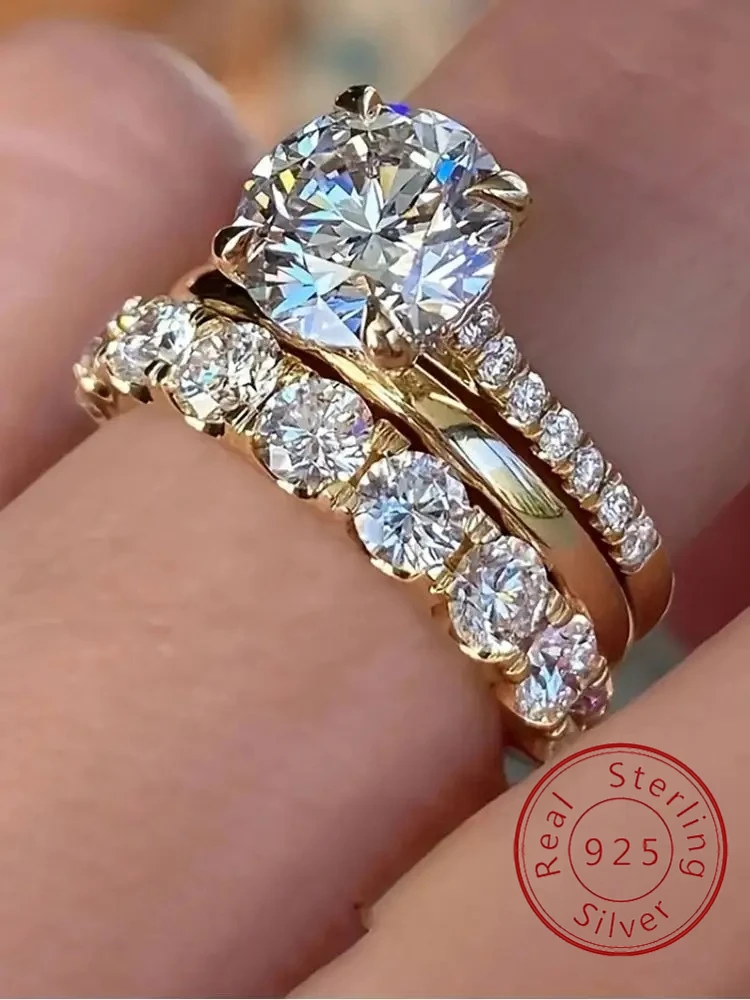 

Великолепное круглое кольцо из стерлингового серебра 925 пробы с полным цирконом, комплект из трех предметов для женщин, юбилейная свадьба, повседневная одежда, роскошные ювелирные изделия