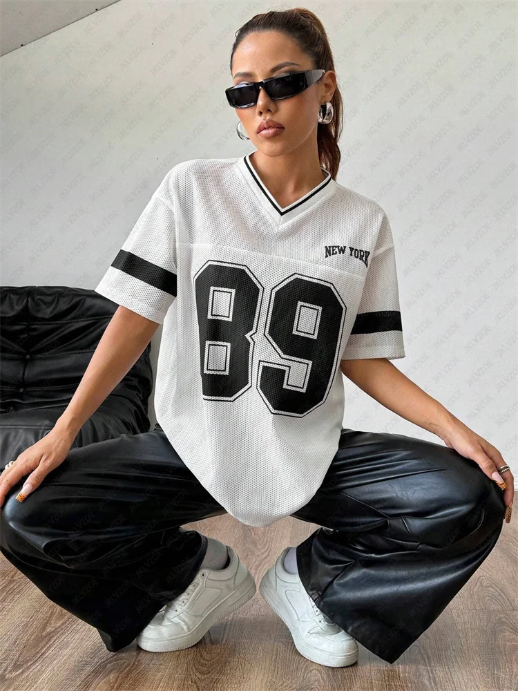 New York Number 89. TShirt For Men Women Striped V-Neck Tee Summer Oversized Harajuku Trend Short Sleeve Streetwear Tops Unisex