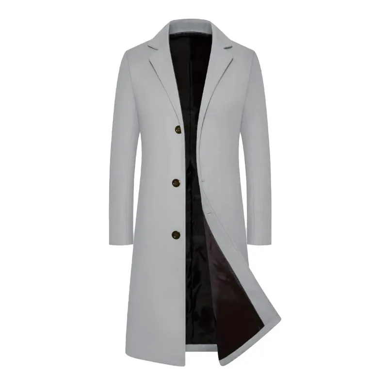 Men Long Wool Blend Coat Notch Lapel Single Breasted Thick Fleece Lined Trench Overcoat Business Formal Winter Outerwear