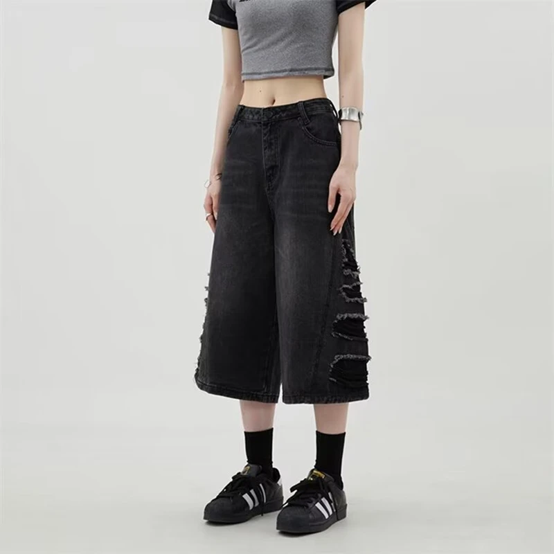 

Women's Shorts Summer Black High Waist Y2K Ripped Straight Calf-Length Jeans Streetwear America Boyfriend Wide Leg Denim Shorts