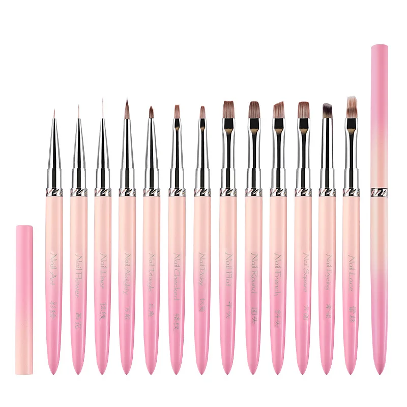 Pennelli da disegno per unghie con manico sfumato rosa 13 stili per linee di manicure Pittura con penna da disegno per costruttore di estensioni GEL UV sfumate