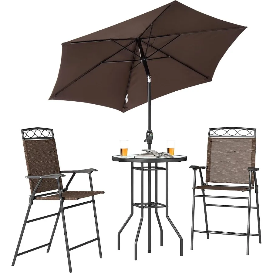 4 Pcs Outdoor Bar Set with Umbrella, Patio Dining Set