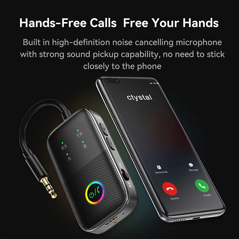 2-in-1 무선 어댑터 Bluetooth 송신기 수신기 자동차 헤드폰 앰프 용 RGB 효과가있는 듀얼 장치 연결