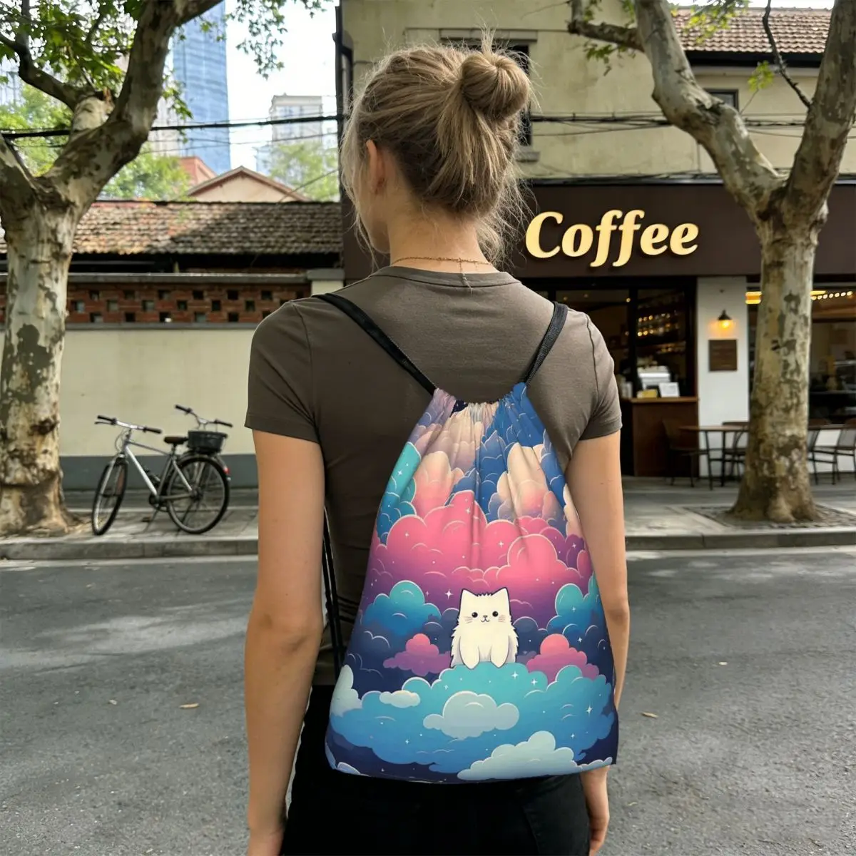 Night Black Cat On The Clouds Backpacks Multi-function Drawstring Bags Shoes Bag Book Bags for Man Woman School