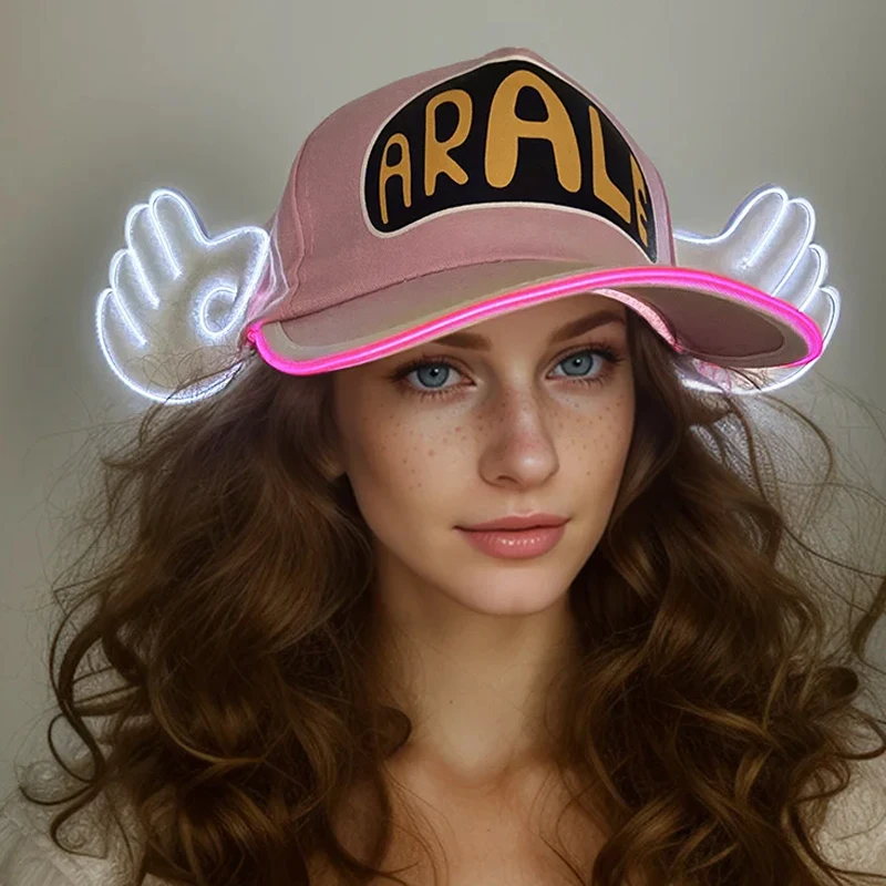 Anime Dr.Slump Cosplay Snapback Caps LED Light Arale Baseball with Angel Wings Cute Pink Baseball Hat For Adult Kids Halloween