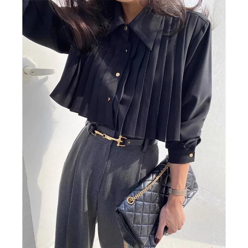 

Шикарный осенний длинный женский свободный крой с воротником на пуговицах, плиссированный дизайн, универсальный, модный