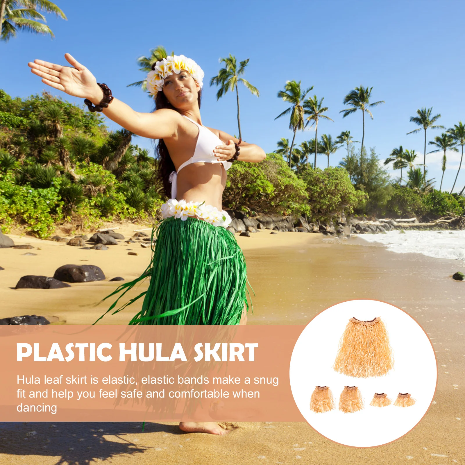 1세트 훌라 리프 스커트 탄력성 있는 하와이안 파티 의상 무대 공연 드레스 잔디 춤 스커트 축제 장식