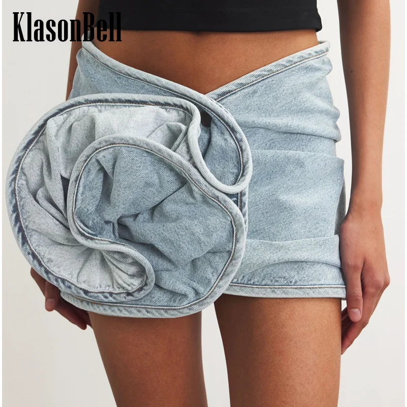 

9.24 KlasonBell Women's High Street Fashion Kink Flower Design Sexy Hip Wrap Denim Skirt Low Waist Ruched Short Skirt y2k